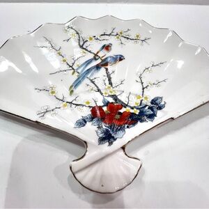 Jay Fine China Fan Dish, Blue Birds, Flowering Tree, Japan Trinket Porcelain Vtg